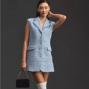 Anthropologie Maeve Sleeveless Tweed Blazer Mini Dress Blue Size XS